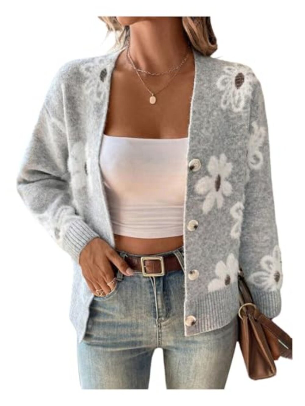 Floral Button Up Cardigan V Neck Long Sleeve Ribbed Knit Sweater